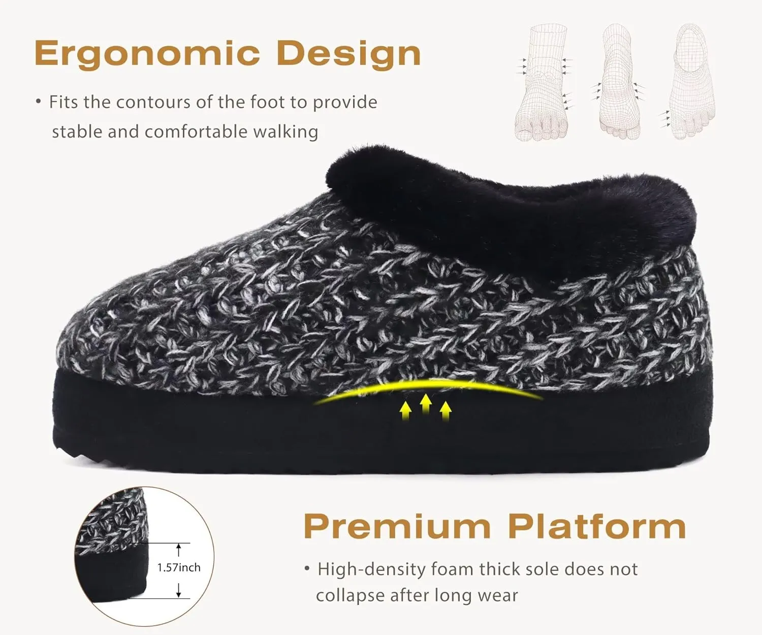 KuaiLu Womens House Platform Slippers Cozy Fuzzy Plush Knit Slipper Ladies Warm Fur Lined Winter Slip On Home Bedroom Thick Cushion Shoes Indoor Outdoor Hard Sole