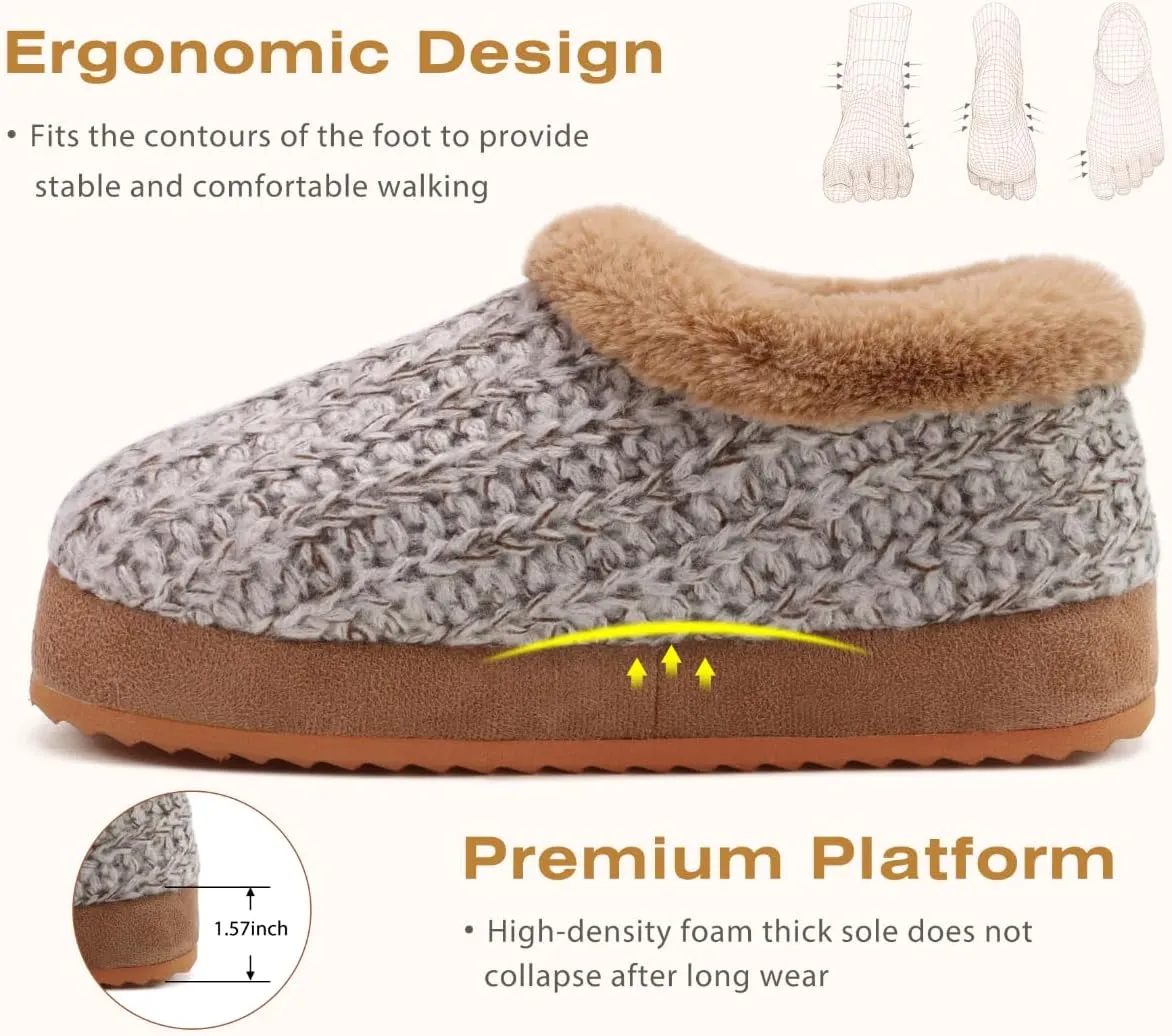 KuaiLu Womens House Platform Slippers Cozy Fuzzy Plush Knit Slipper Ladies Warm Fur Lined Winter Slip On Home Bedroom Thick Cushion Shoes Indoor Outdoor Hard Sole