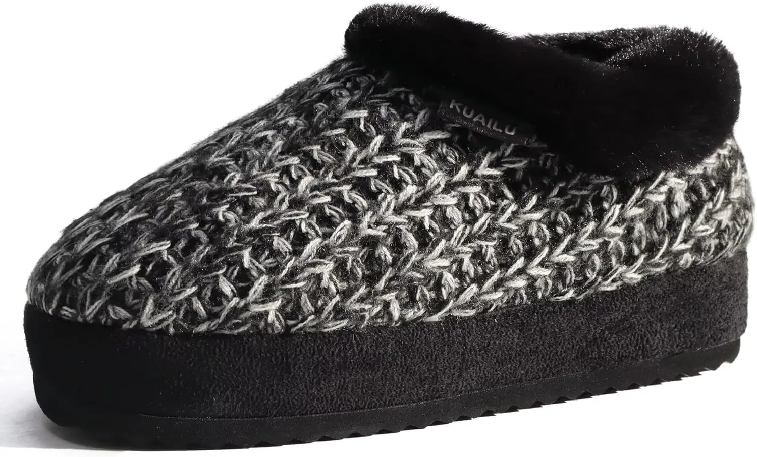 KuaiLu Womens House Platform Slippers Cozy Fuzzy Plush Knit Slipper Ladies Warm Fur Lined Winter Slip On Home Bedroom Thick Cushion Shoes Indoor Outdoor Hard Sole