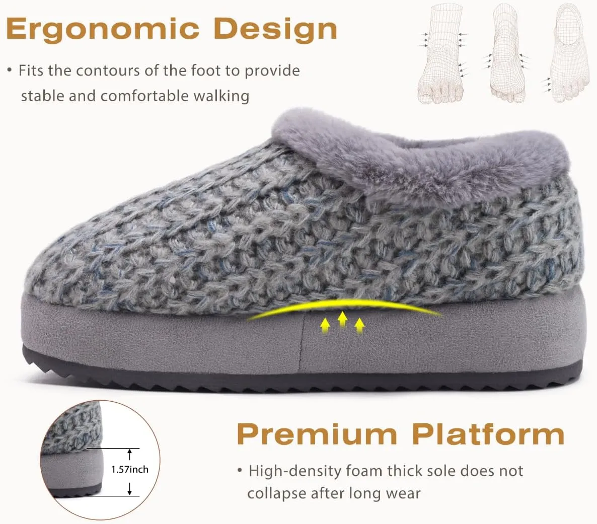 KuaiLu Womens House Platform Slippers Cozy Fuzzy Plush Knit Slipper Ladies Warm Fur Lined Winter Slip On Home Bedroom Thick Cushion Shoes Indoor Outdoor Hard Sole