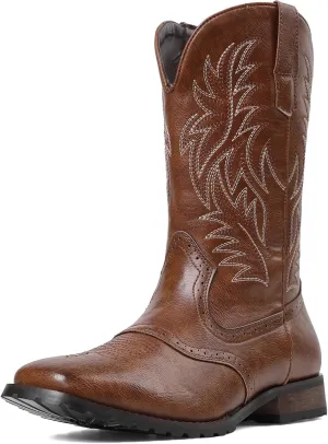 Lyrisiphy Cowboy Boots for Men Square Toe Embroideried Western Boots Traditional Country Boots Durable Work Boots