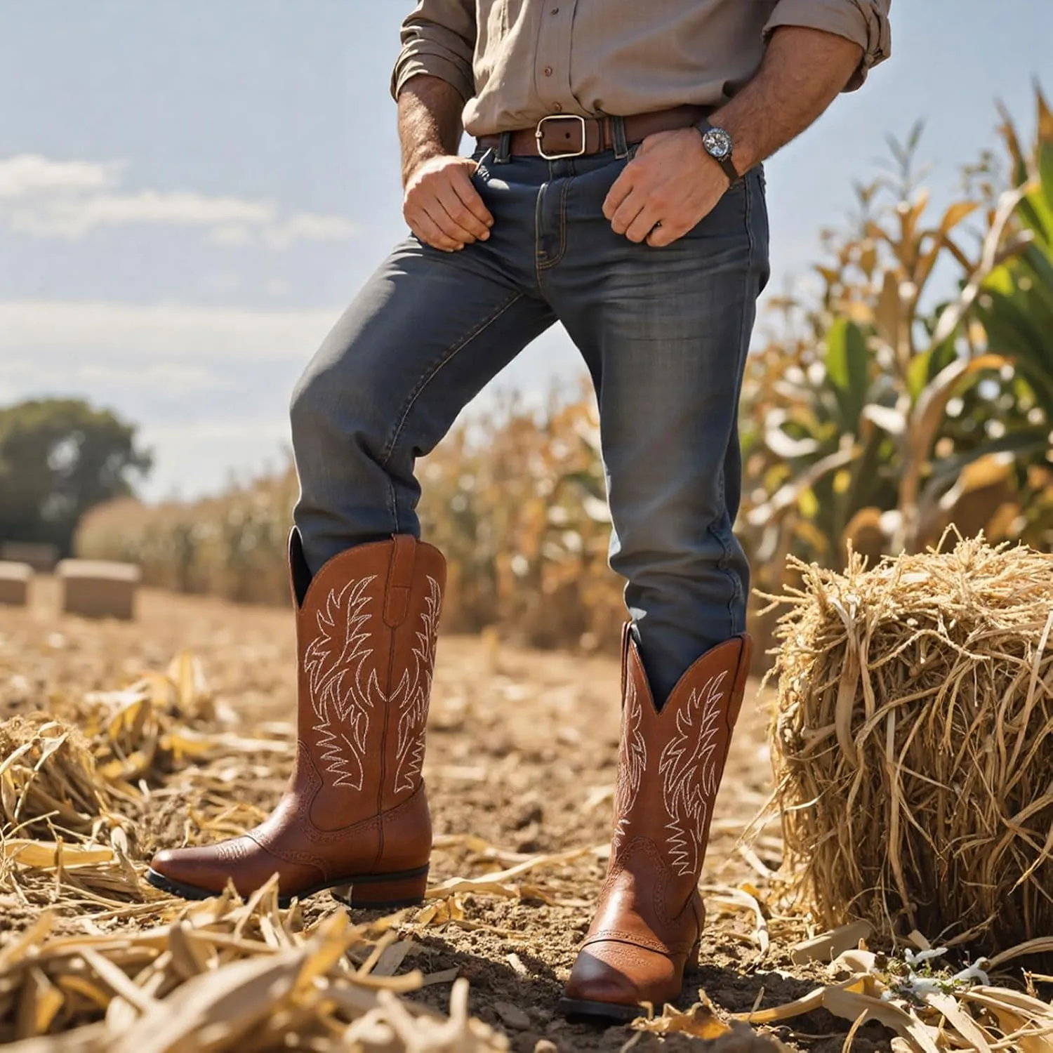 Lyrisiphy Cowboy Boots for Men Square Toe Embroideried Western Boots Traditional Country Boots Durable Work Boots