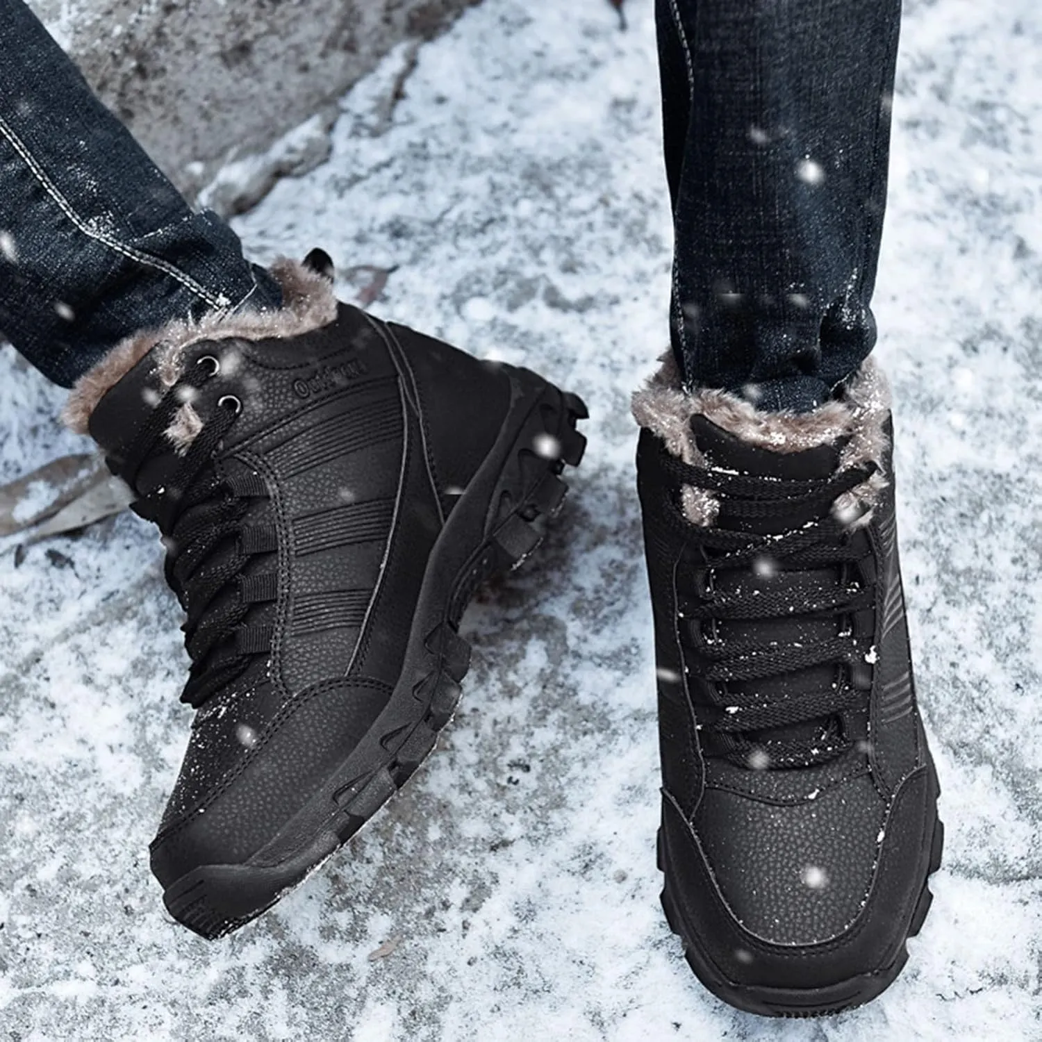 Men Work Boots Soft Toe Hiking Sneakers Warm Fur Lined Womens Safety Toe Shoes Slip On Waterproof Outdoor Shoes Lightweight Hike Grounded Footwear