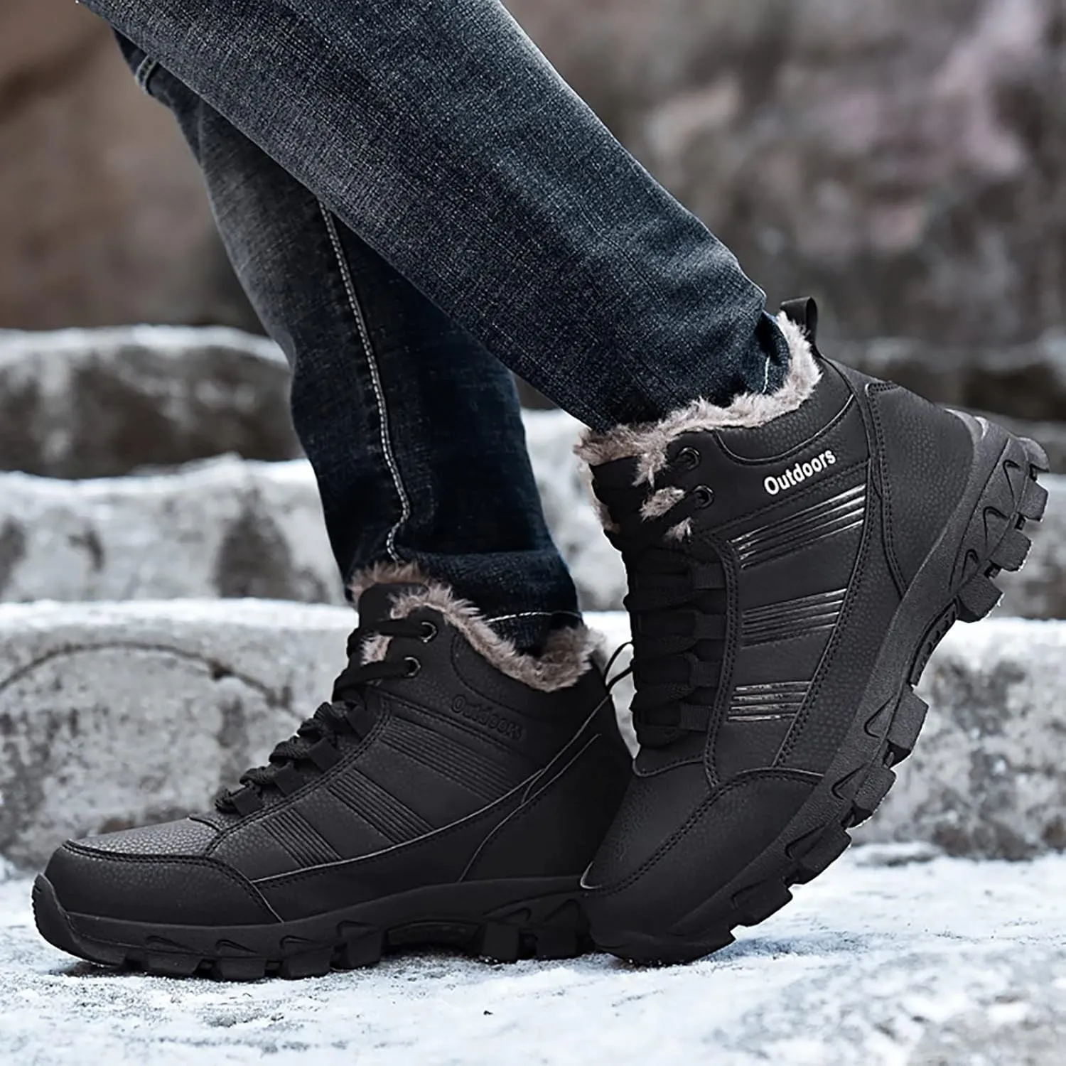 Men Work Boots Soft Toe Hiking Sneakers Warm Fur Lined Womens Safety Toe Shoes Slip On Waterproof Outdoor Shoes Lightweight Hike Grounded Footwear