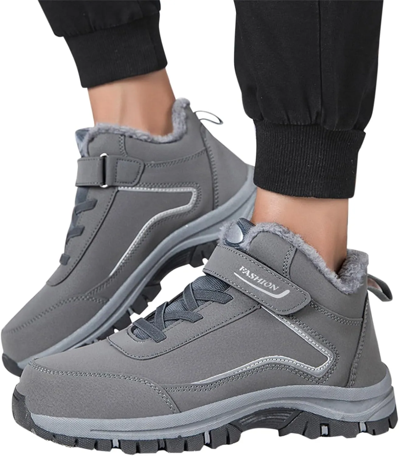 Men Work Boots Soft Toe Hiking Sneakers Warm Fur Lined Womens Safety Toe Shoes Slip On Waterproof Outdoor Shoes Lightweight Hike Grounded Footwear