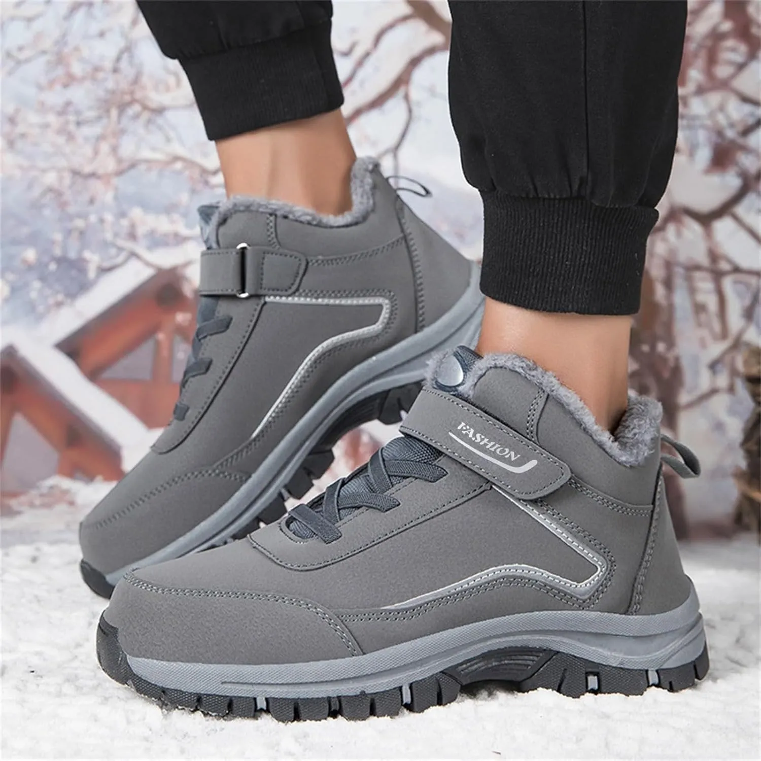 Men Work Boots Soft Toe Hiking Sneakers Warm Fur Lined Womens Safety Toe Shoes Slip On Waterproof Outdoor Shoes Lightweight Hike Grounded Footwear