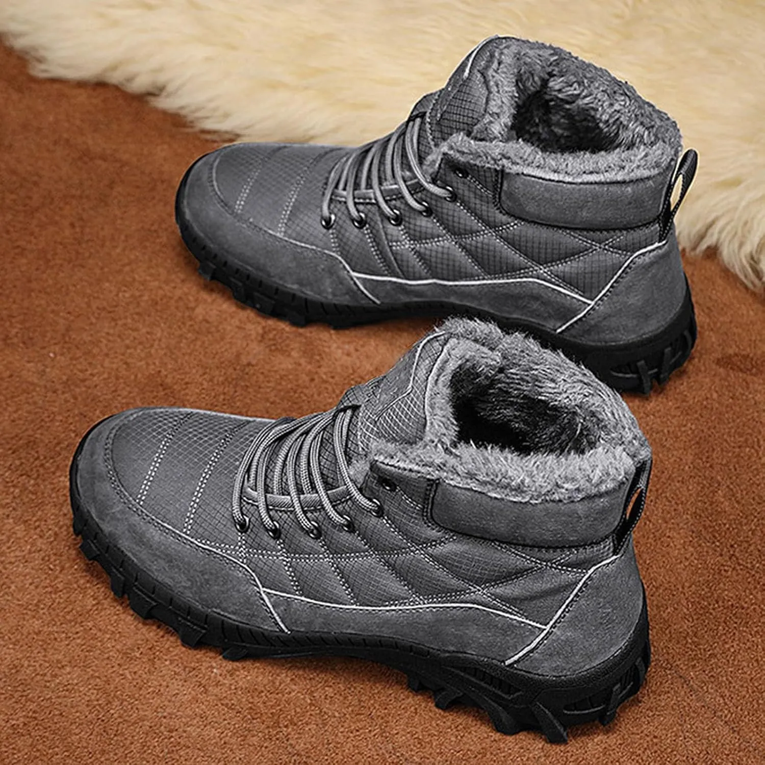 Men Work Boots Steel Toe Hiking Sneakers Warm Fur Lined Womens Safety Toe Shoes Soft Toe Work Botas Soft Toe Non Slip Rubber Sole Hike Grounded Footwear