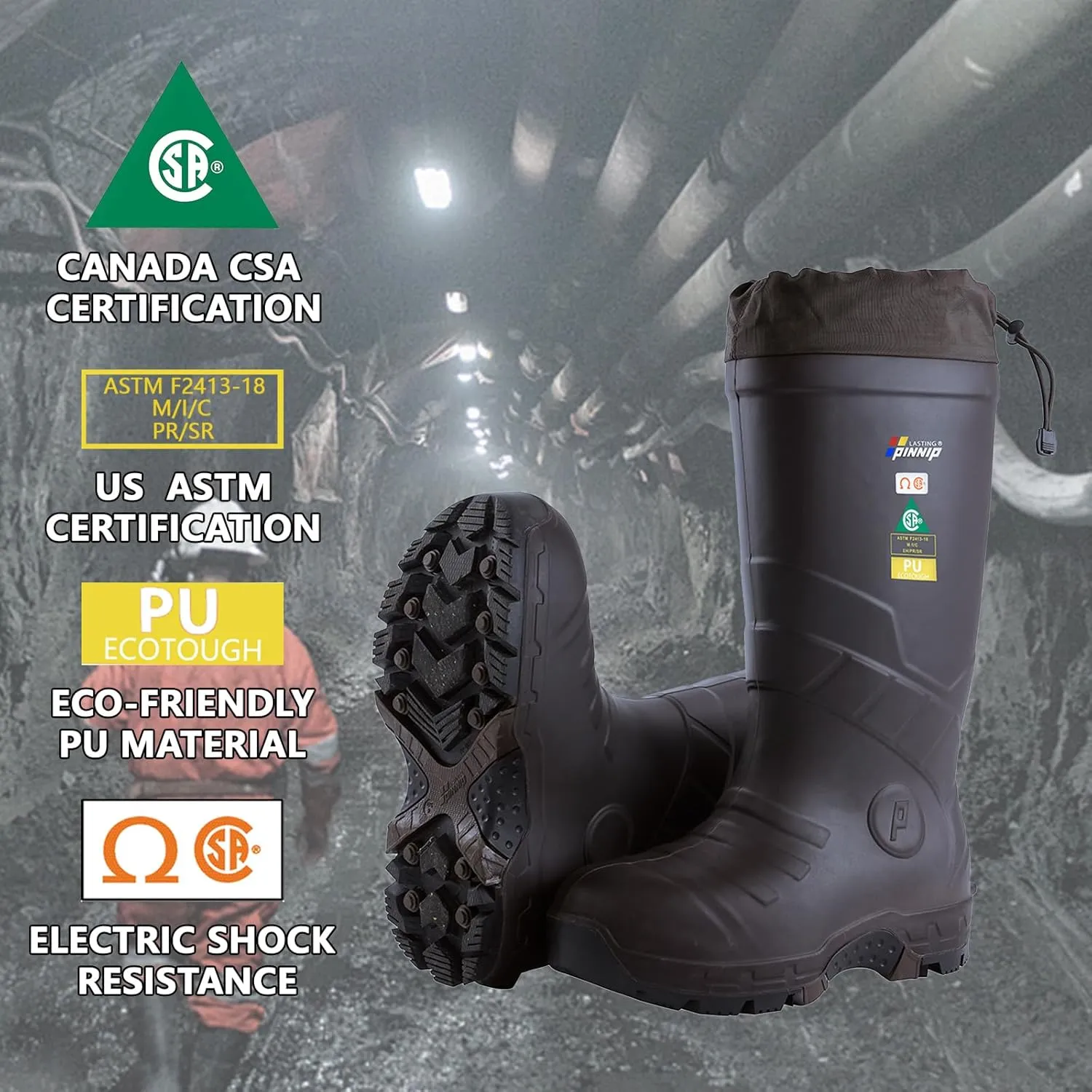 Men's Heavy Duty PU Rubber Work Boots With Composite Toe Waterproof Insulated ASTM F2413-18 Acid & Oil Resistant Anti Slip On Ice