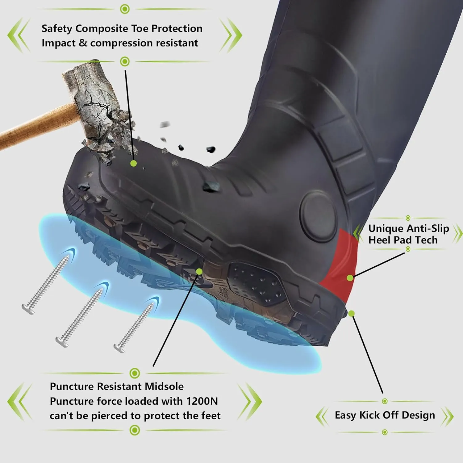 Men's Heavy Duty PU Rubber Work Boots With Composite Toe Waterproof Insulated ASTM F2413-18 Acid & Oil Resistant Anti Slip On Ice