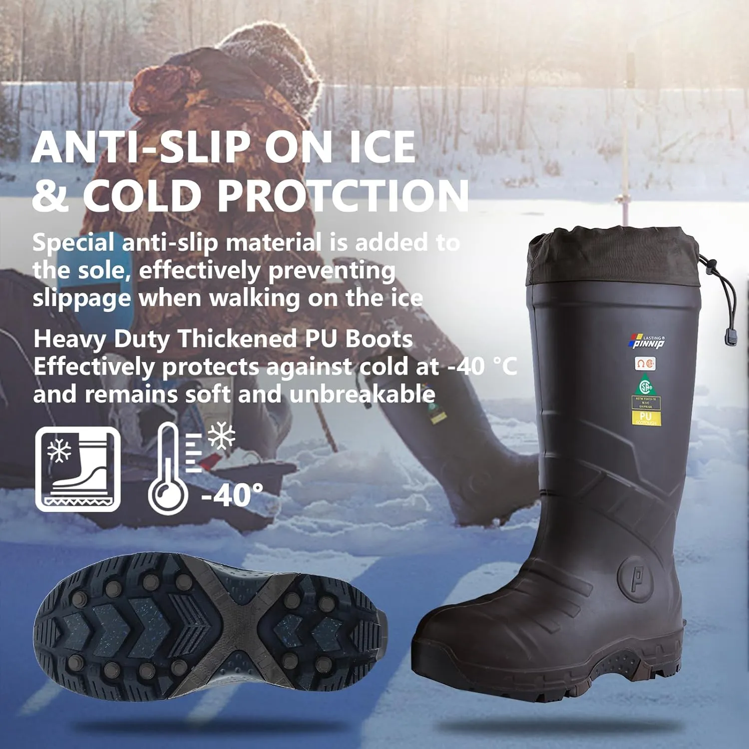 Men's Heavy Duty PU Rubber Work Boots With Composite Toe Waterproof Insulated ASTM F2413-18 Acid & Oil Resistant Anti Slip On Ice