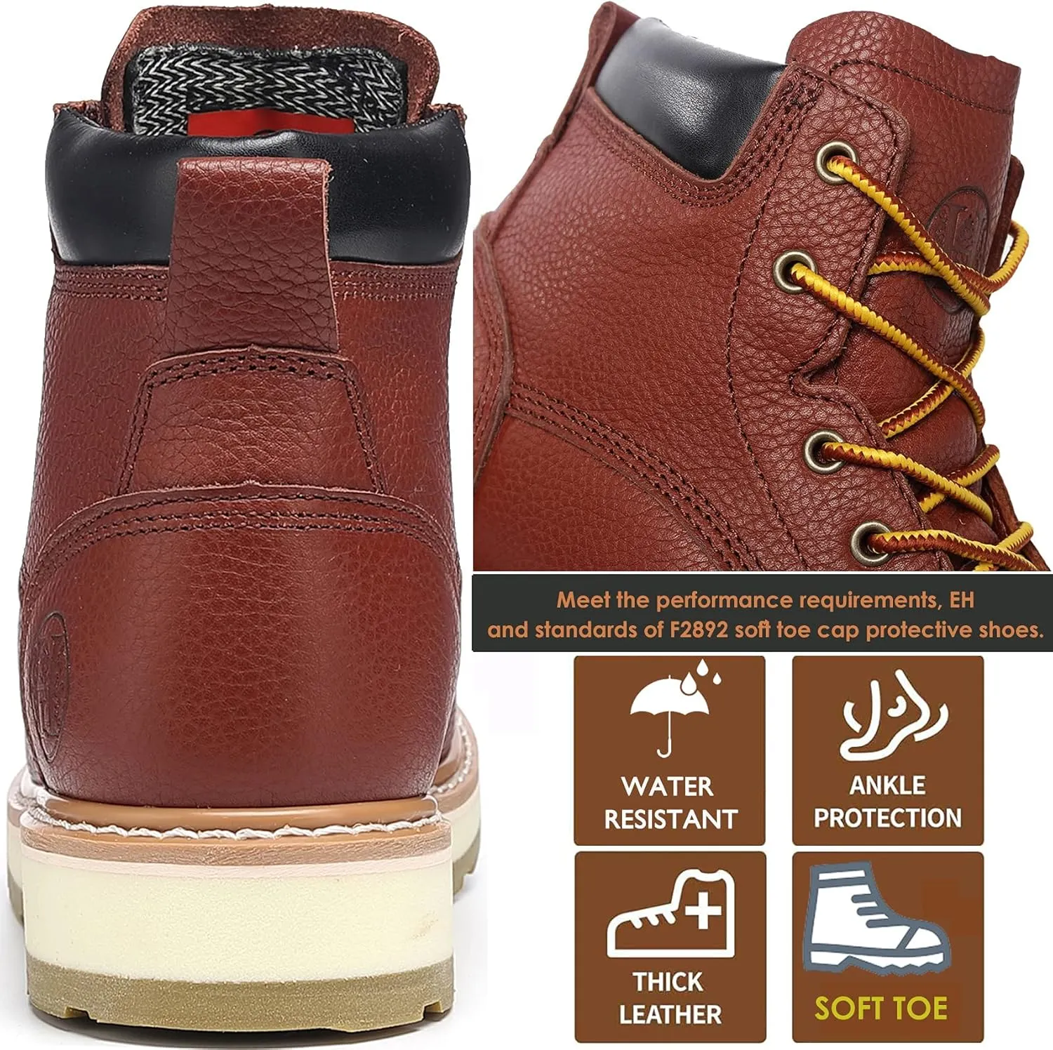 Mens work boots, 6" Soft/Composite Toe Heavy Duty Work Boots for Men, Slip & Puncture Resistant Safety EH Wide Working Shoes 2E