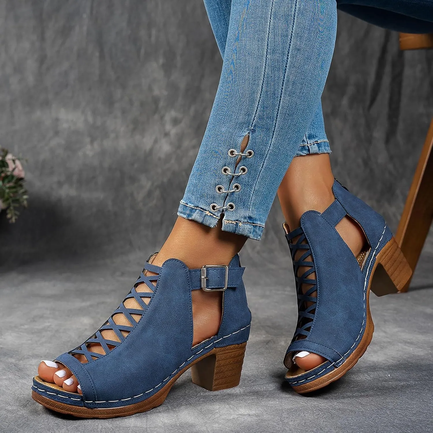 Shoes for Women Dressy, Womens Sandals Suede Peep Toe Ankle Booties Cut Out Stacked Block Heel Ankle Boots