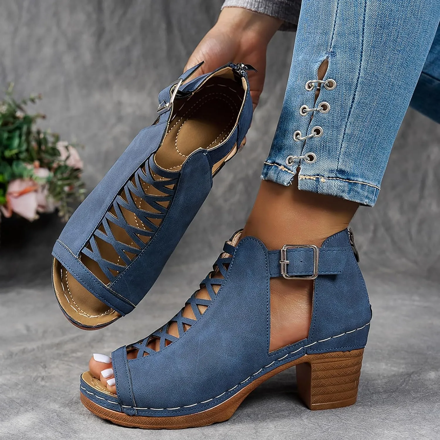 Shoes for Women Dressy, Womens Sandals Suede Peep Toe Ankle Booties Cut Out Stacked Block Heel Ankle Boots