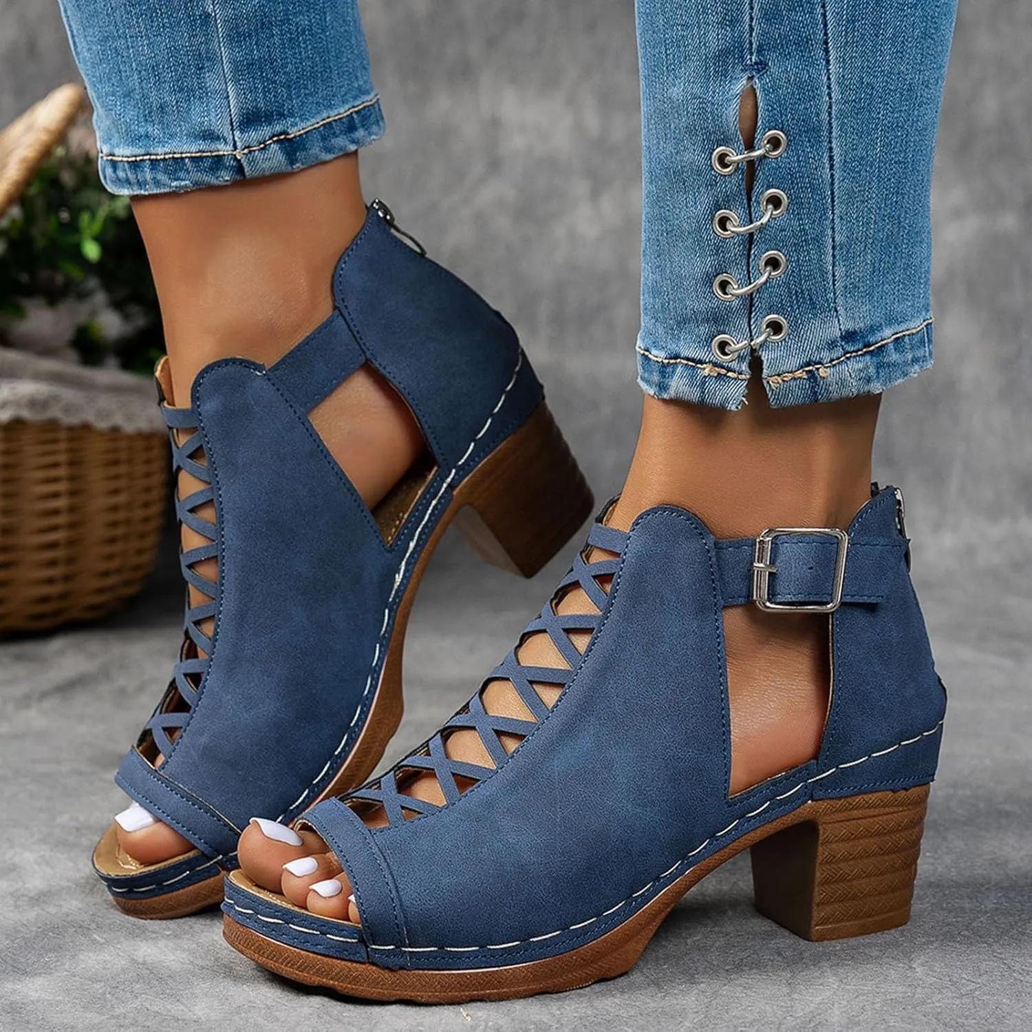 Shoes for Women Dressy, Womens Sandals Suede Peep Toe Ankle Booties Cut Out Stacked Block Heel Ankle Boots