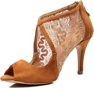 TDA Women's Comfort Peep Toe Stiletto Heel Lace Mesh Suede Zipper Tango Prom Modern Dance Shoes Wedding Party Sandals