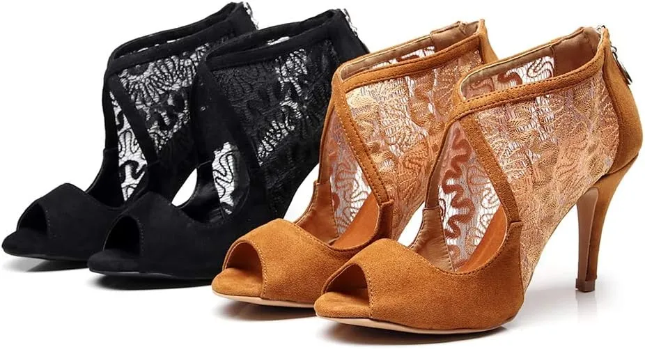 TDA Women's Comfort Peep Toe Stiletto Heel Lace Mesh Suede Zipper Tango Prom Modern Dance Shoes Wedding Party Sandals