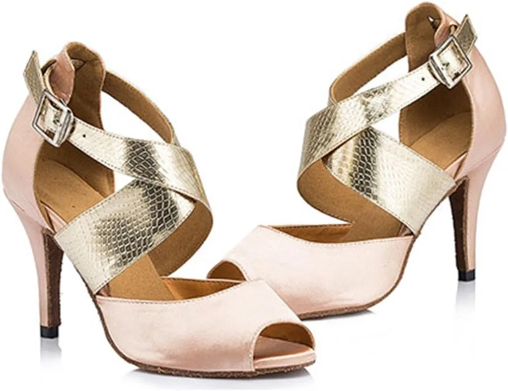 TDA Womens Fashion Ankle Strap Stiletto High Heel Satin Latin Modern Salsa Tango Ballroom Wedding Dance Shoes