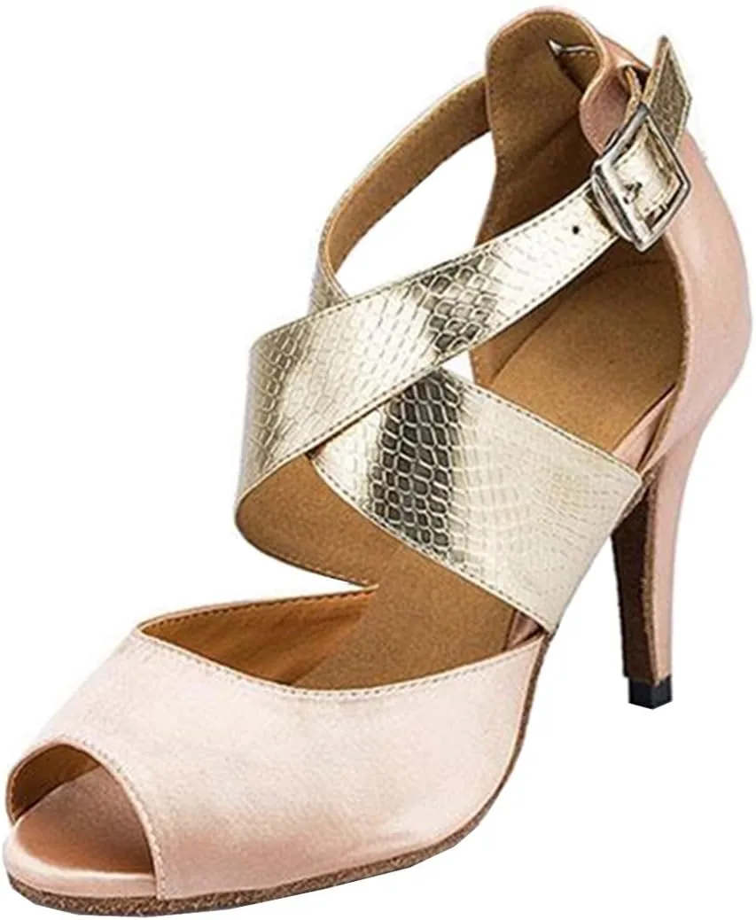 TDA Womens Fashion Ankle Strap Stiletto High Heel Satin Latin Modern Salsa Tango Ballroom Wedding Dance Shoes