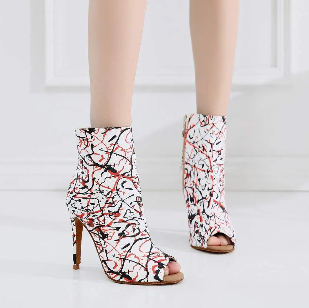 TDA Women's Stiletto Heel Peep Toe Print Synthetic Side Zipper Social Tango Prom Modern Dance Boots Wedding Party Sandals Boots