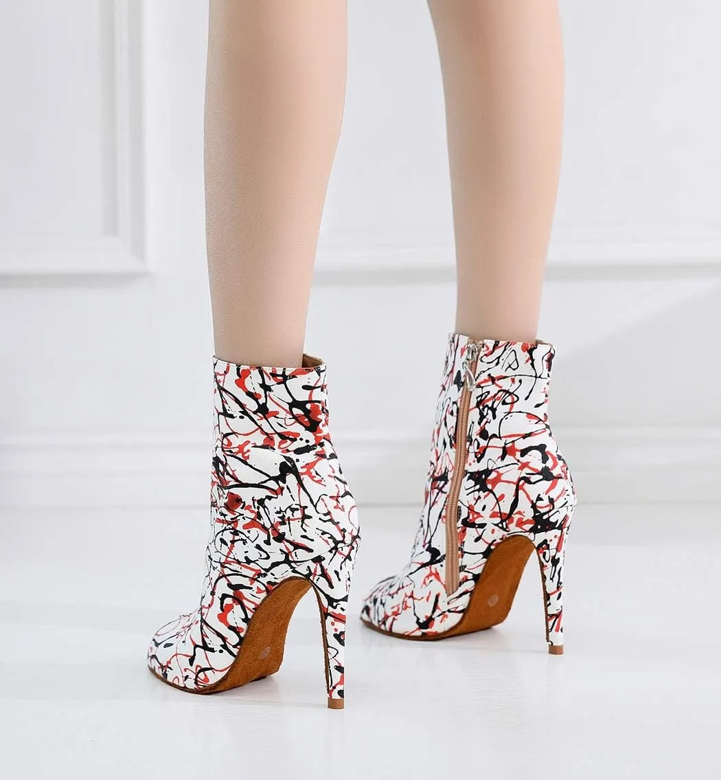 TDA Women's Stiletto Heel Peep Toe Print Synthetic Side Zipper Social Tango Prom Modern Dance Boots Wedding Party Sandals Boots