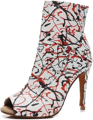 TDA Women's Stiletto Heel Peep Toe Print Synthetic Side Zipper Social Tango Prom Modern Dance Boots Wedding Party Sandals Boots