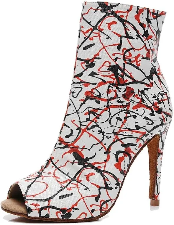 TDA Women's Stiletto Heel Peep Toe Print Synthetic Side Zipper Social Tango Prom Modern Dance Boots Wedding Party Sandals Boots
