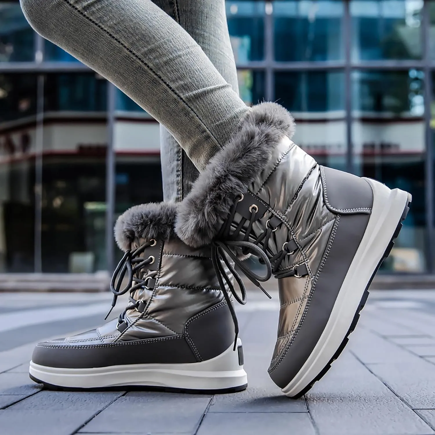 Teens Snow Boots Waterproof Fuzzy Boots Work Ankle Shoes Fleece Winter Work Boots for Women Womens Work Boots