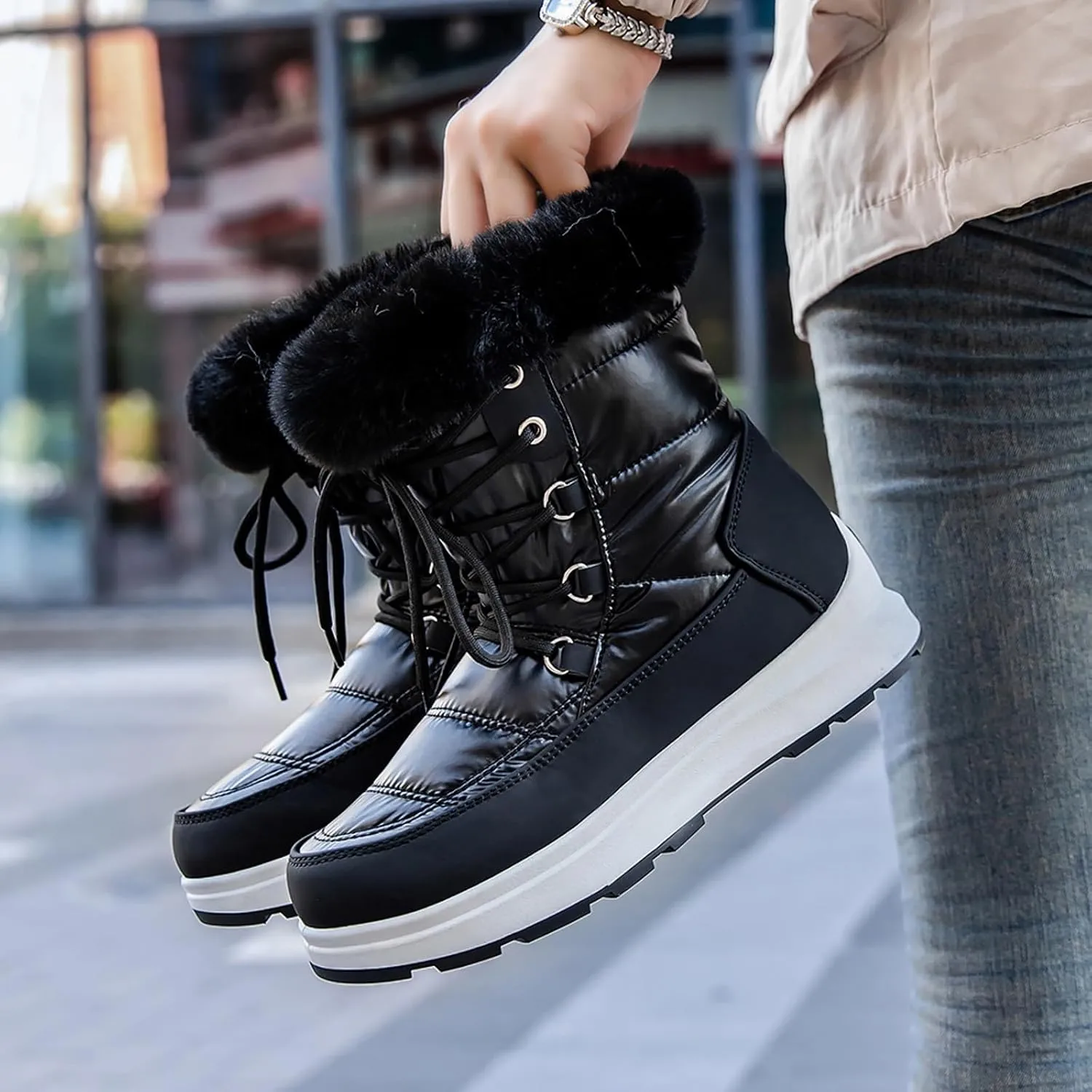 Teens Snow Boots Waterproof Fuzzy Boots Work Ankle Shoes Fleece Winter Work Boots for Women Womens Work Boots