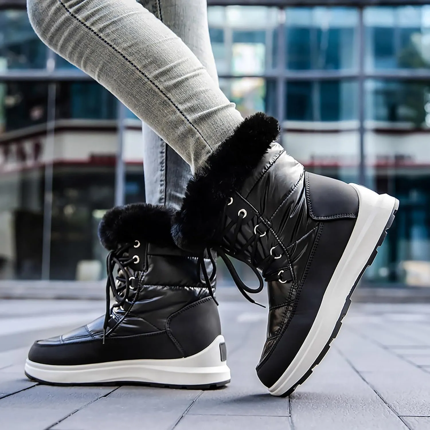 Teens Snow Boots Waterproof Fuzzy Boots Work Ankle Shoes Fleece Winter Work Boots for Women Womens Work Boots