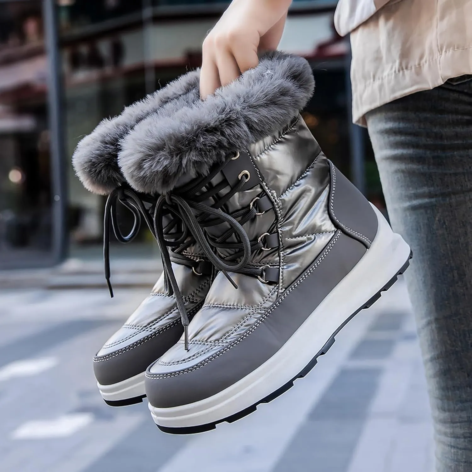 Teens Snow Boots Waterproof Fuzzy Boots Work Ankle Shoes Fleece Winter Work Boots for Women Womens Work Boots