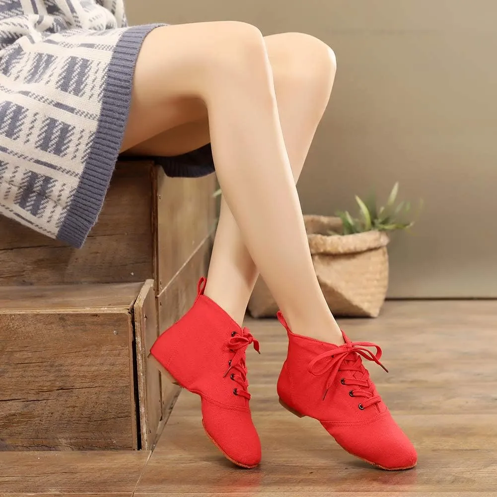 TINRYMX Canvas Lace Up Dance Shoes Split Sole Ballroom Jazz Modern Dance Boots for Women