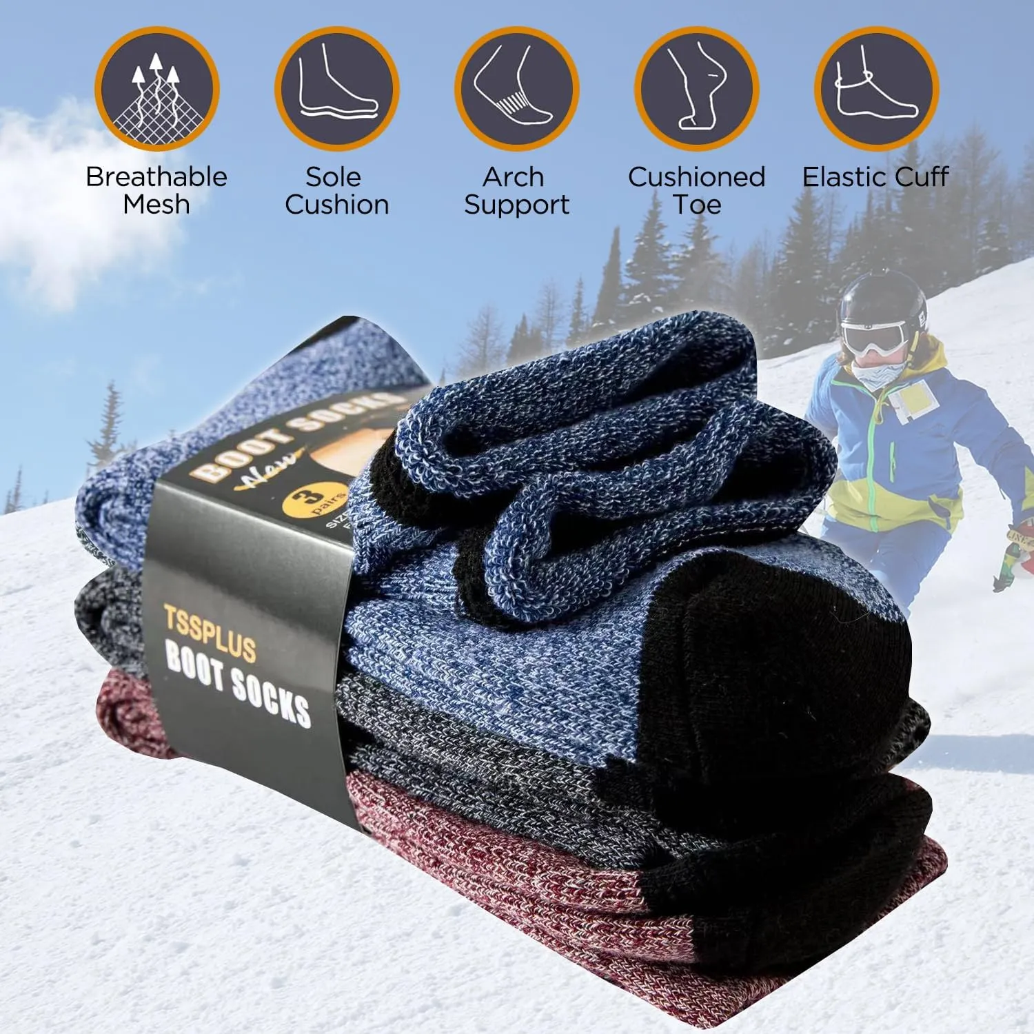 TSSPLUS Mens Winter Thermal Warm Heavy Duty Cotton Crew Work Boots Socks,Active Work Socks,Winter Boot Sock US size 9-13
