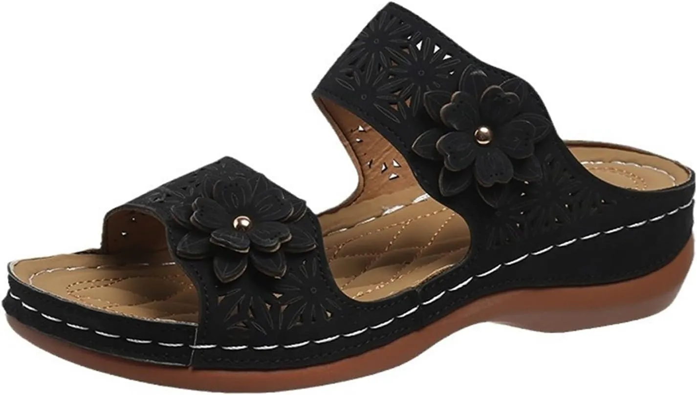Wedge Sandals for Women Orthopedic Slippers Hollow Out Flower Two Band Platform Sandals, Summer Casual Walking Shoes Slip On Beach Walking Slippers