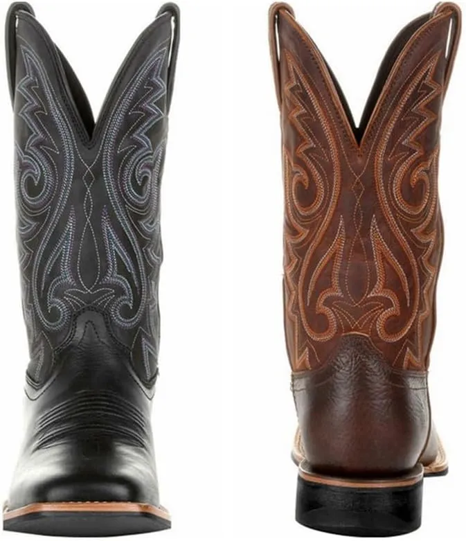 Western Brown Boots Classic Durable Leather Embroidered Cowboy Boots for Men Wide Calf Pull On Boots Country Boots