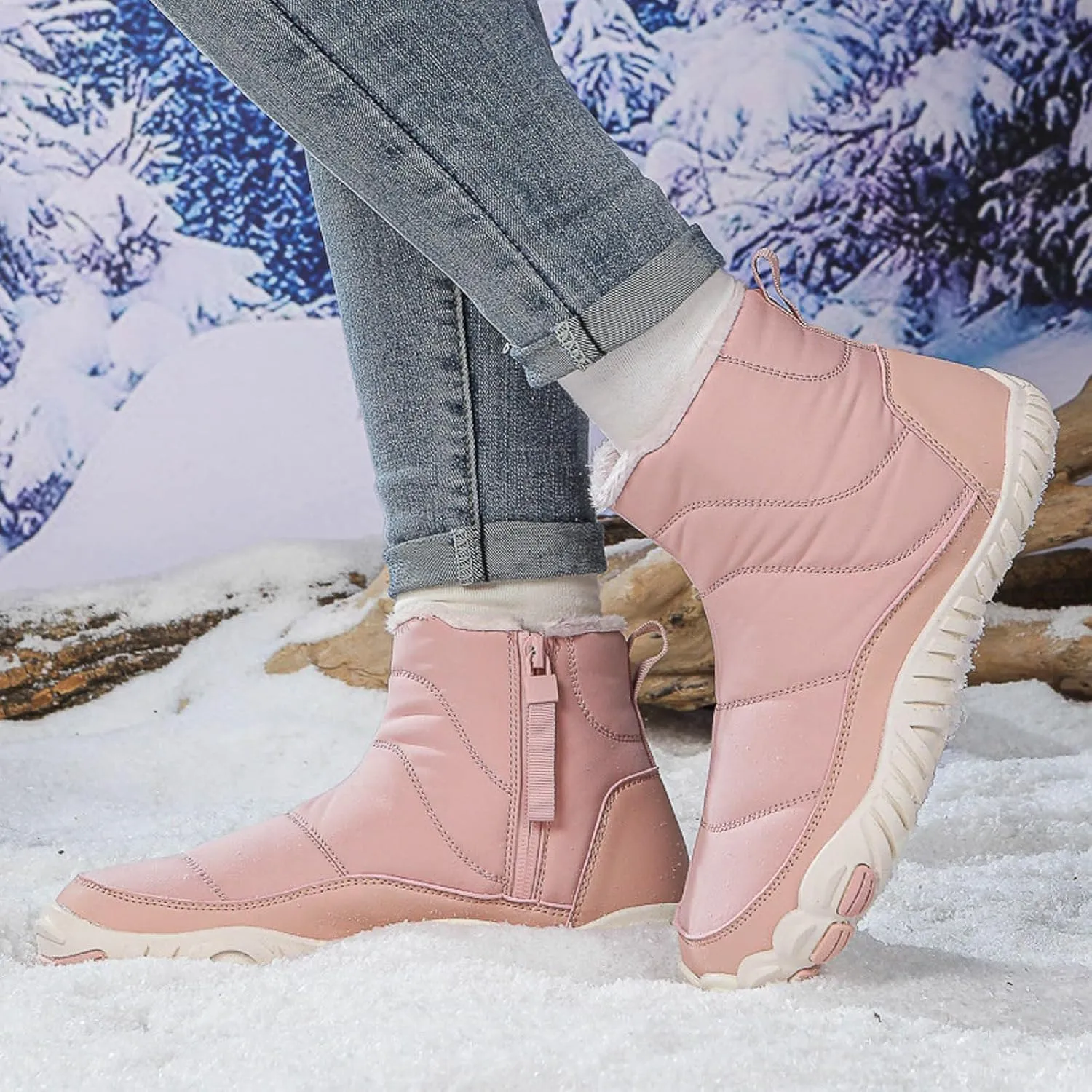 Women Winter Snow Boots Waterproof Walking Booties Zipper Fur Lined Warm Outdoor Ankle Short Boots Walking Boots