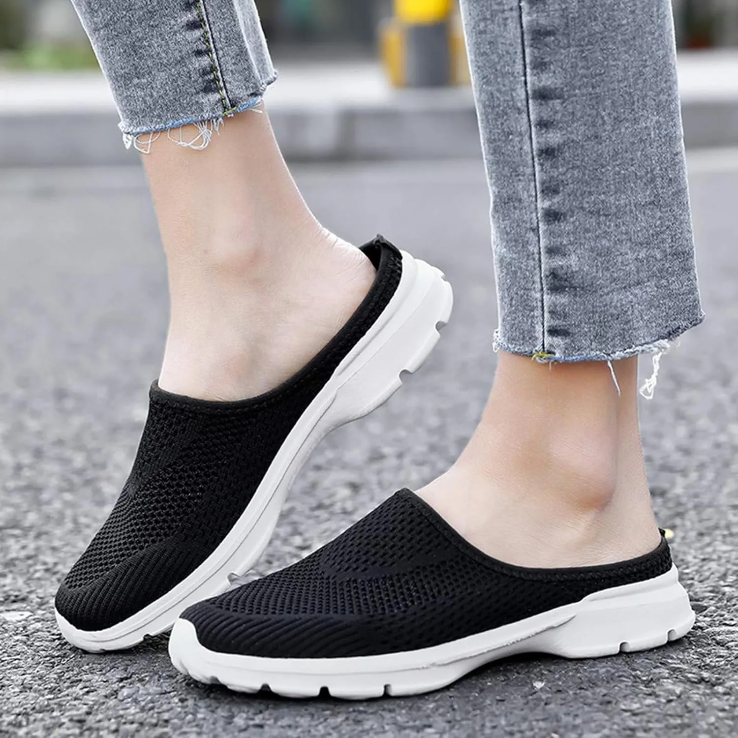 Womens Backless Walking Sneakers Summer Slip-on Mule Shoes Breathable Slippers Closed Toe Slides Comfort Walking Shoes