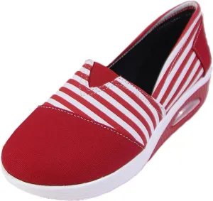 Women's Comfort Striped Slip on Sneakers, Round Toe Low Top Breathable Rocker Bottom Shoes, Platform Wedge Walking Shoes