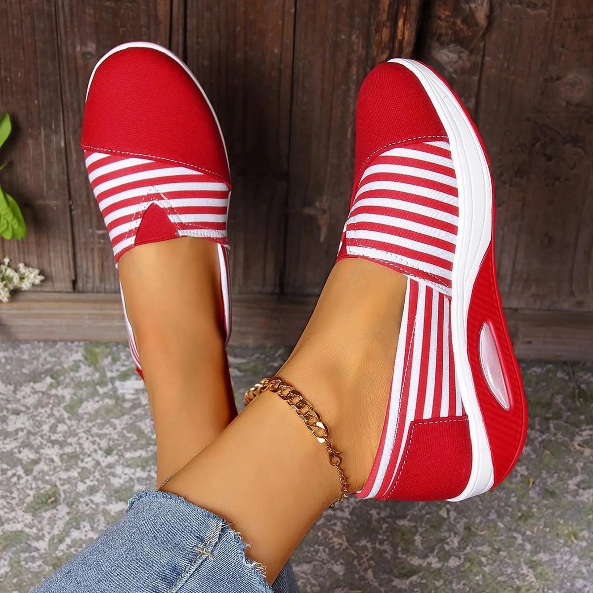 Women's Comfort Striped Slip on Sneakers, Round Toe Low Top Breathable Rocker Bottom Shoes, Platform Wedge Walking Shoes