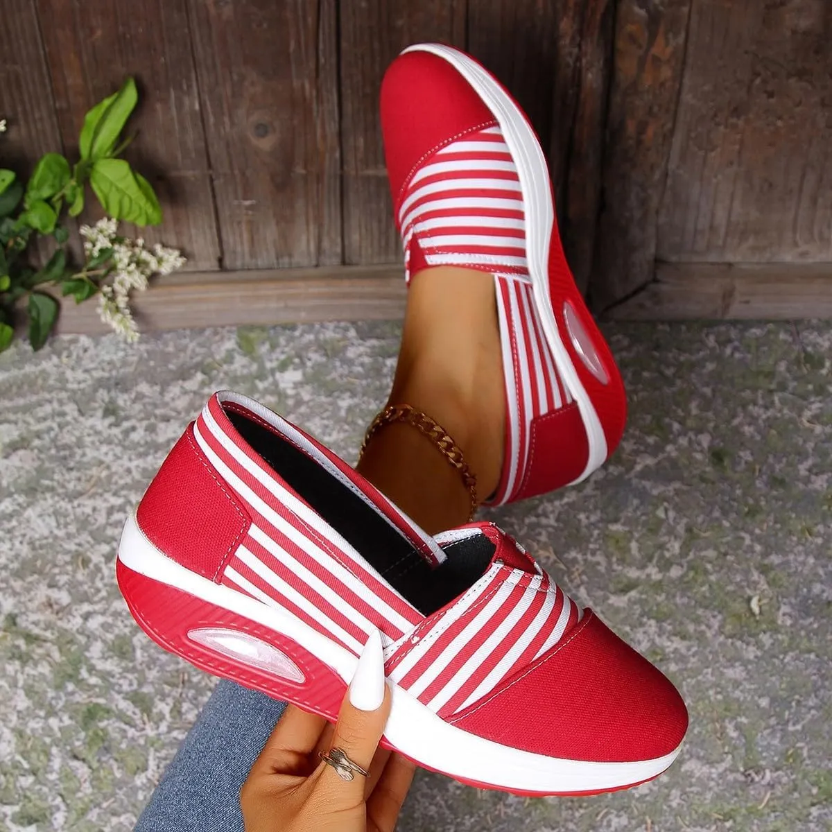 Women's Comfort Striped Slip on Sneakers, Round Toe Low Top Breathable Rocker Bottom Shoes, Platform Wedge Walking Shoes