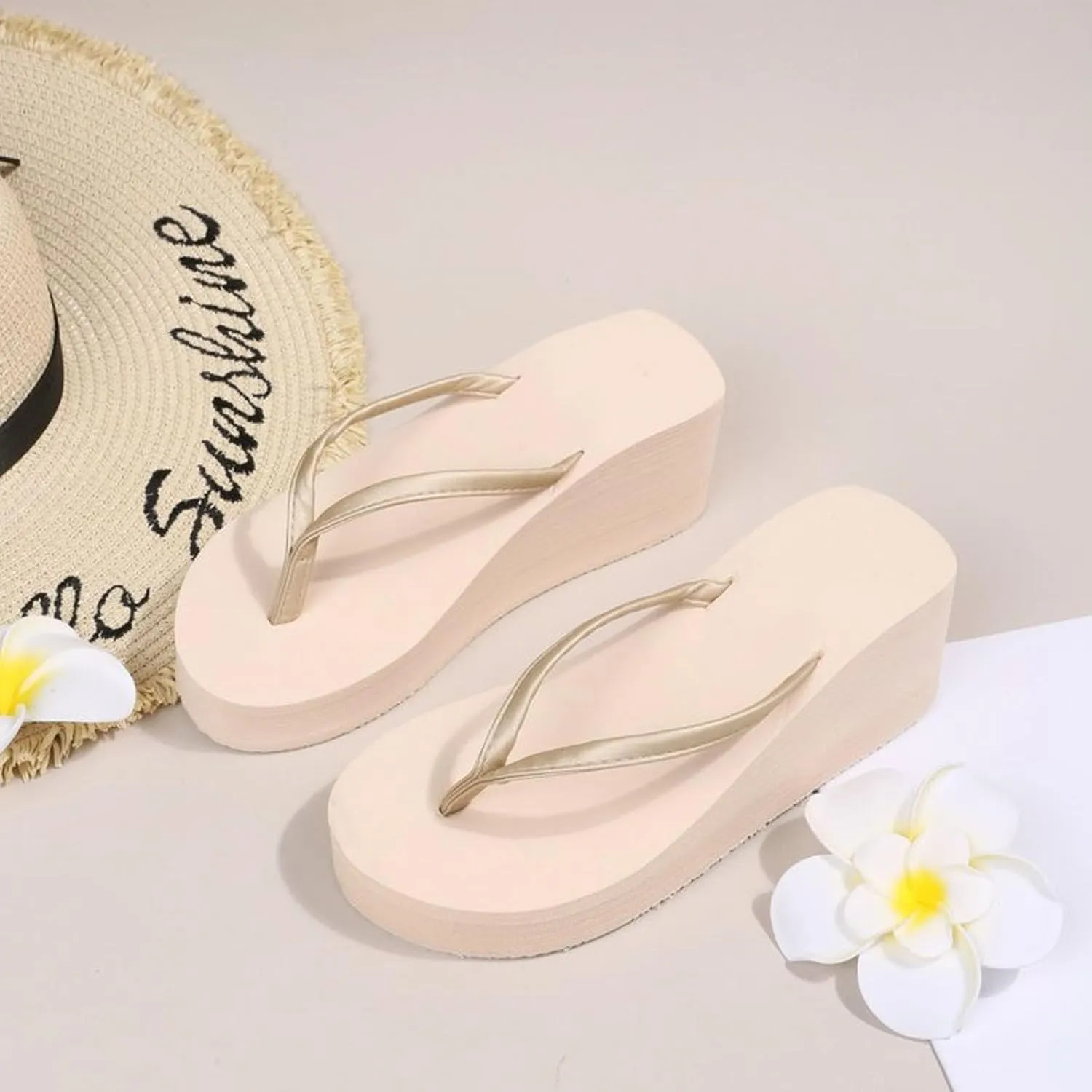 Women's Fashion Slope Heel Thick Bottom Heightening Solid Color Spring and Summer Beach A Foot Casual Flip Flops