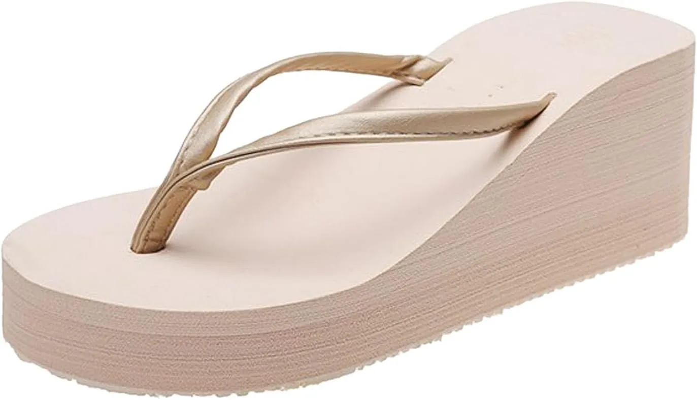 Women's Fashion Slope Heel Thick Bottom Heightening Solid Color Spring and Summer Beach A Foot Casual Flip Flops