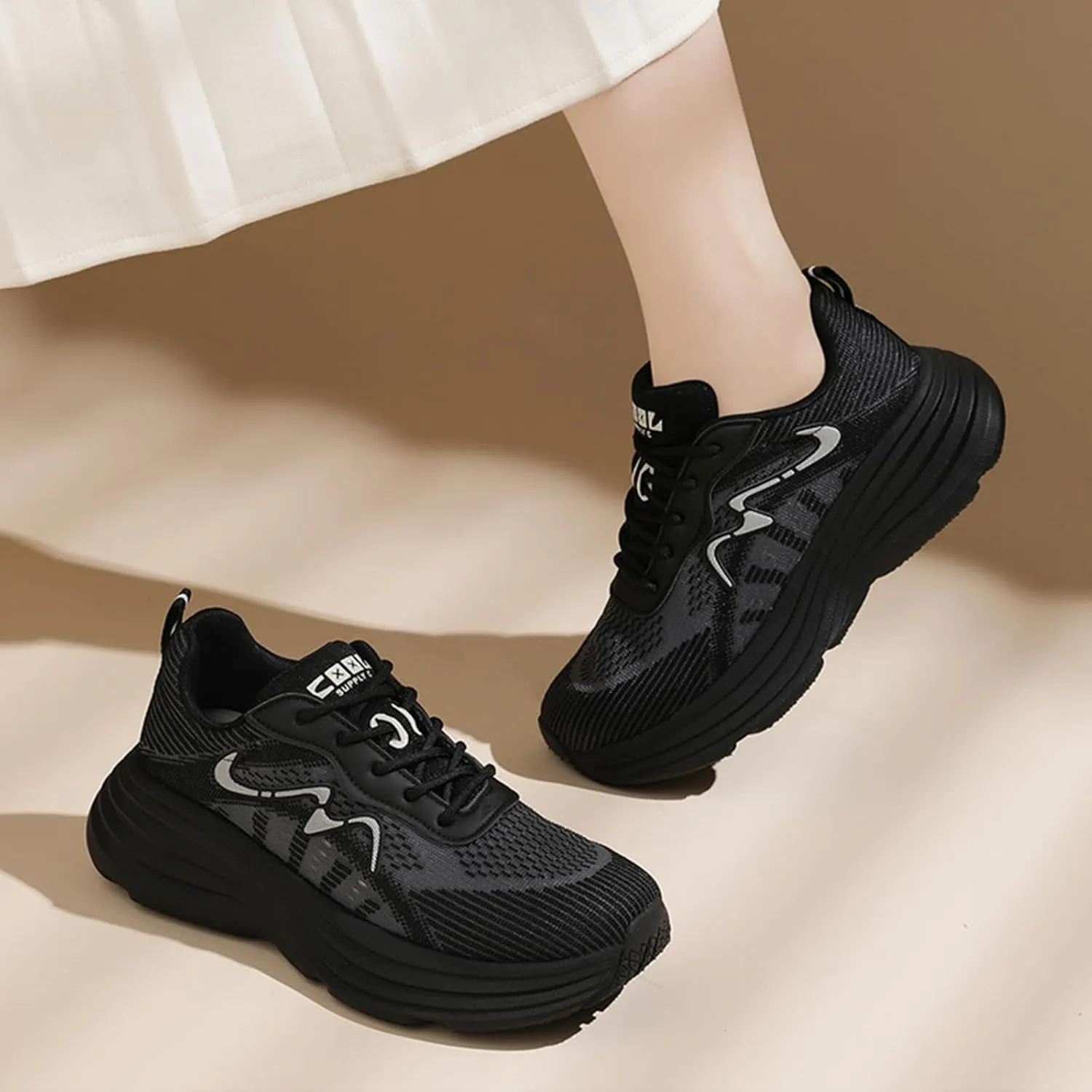 Women's Platform Sneakers Casual Trainers with Breathable Mesh and Stylish Design for Sporty Comfort Look,Black-37