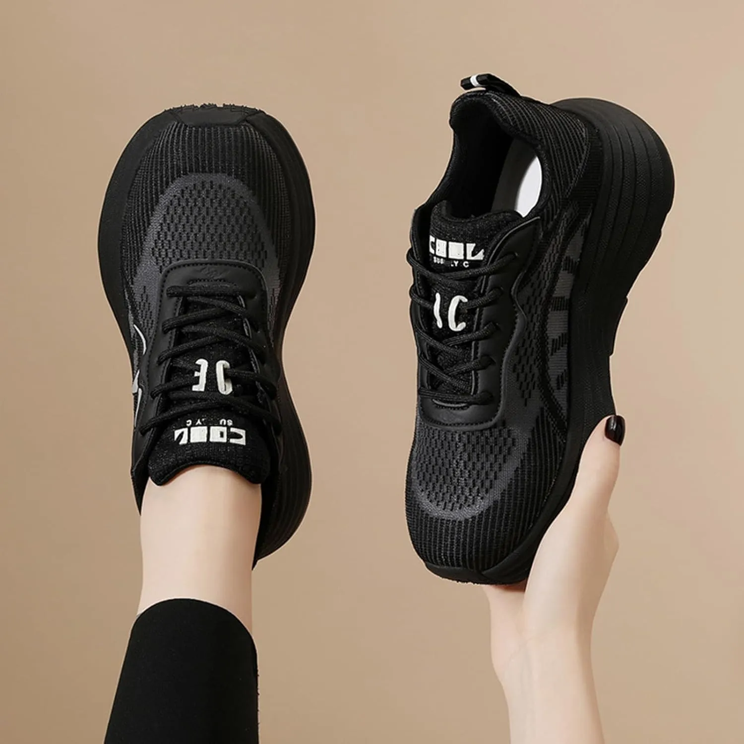 Women's Platform Sneakers Casual Trainers with Breathable Mesh and Stylish Design for Sporty Comfort Look,Black-37