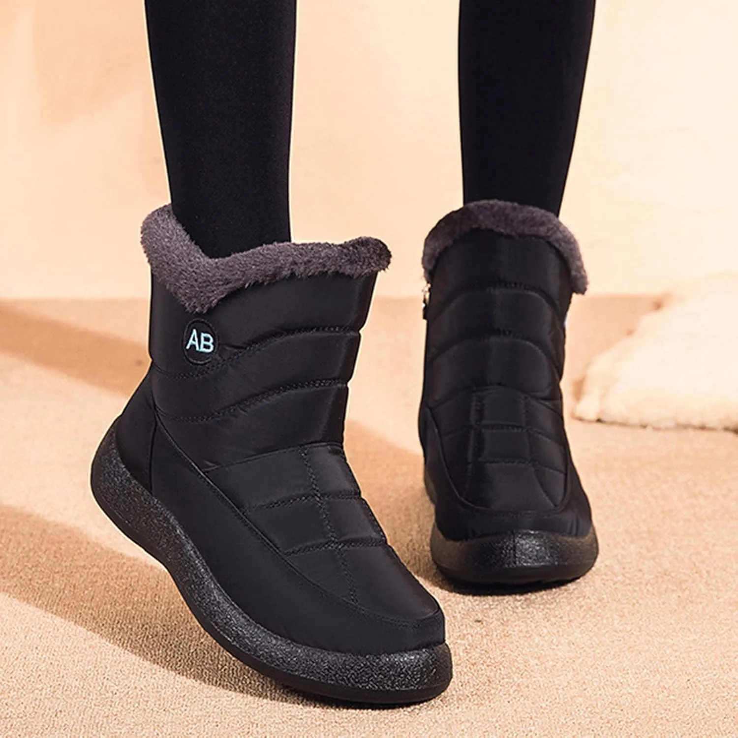 Womens Snow Boots Black Waterproof Unisex Fur Lined Slip On Boots Women's Slip On Winter Snow Boots Warm Women Snow Shoes Steel Toe Shoes for Men Mens Winter Booties