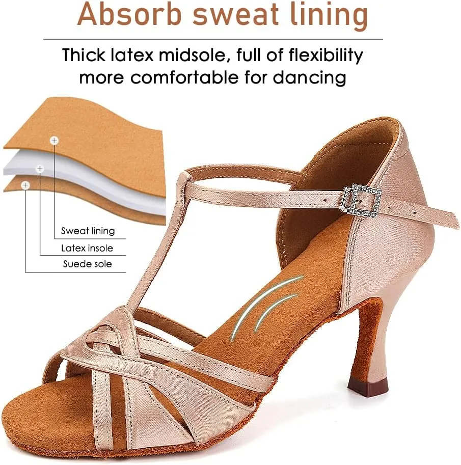 Women's T Strap Latin Dance Shoes Silk Satin Ballroom Salsa Dance Heels