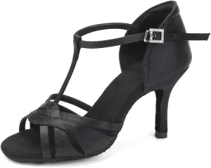 Women's T Strap Latin Dance Shoes Silk Satin Ballroom Salsa Dance Heels