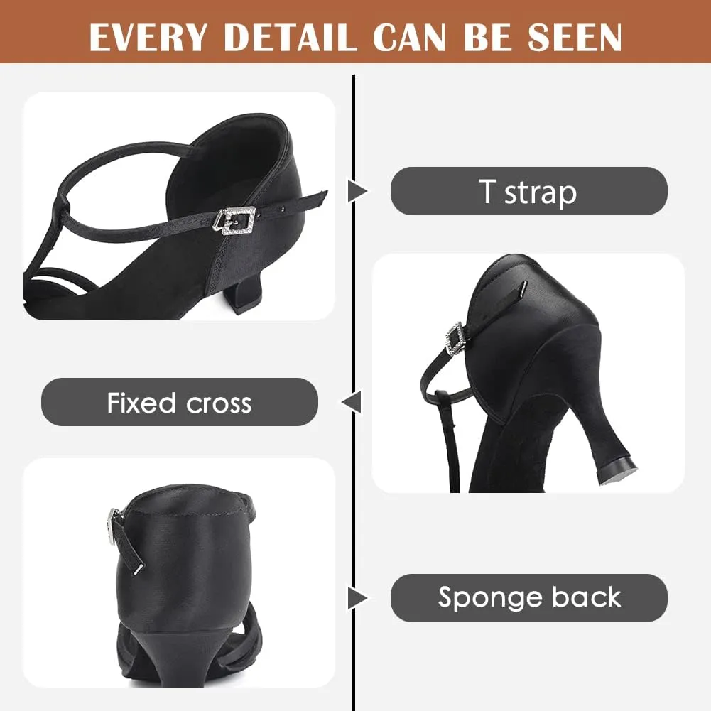 Women's T Strap Latin Dance Shoes Silk Satin Ballroom Salsa Dance Heels