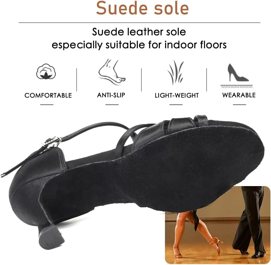 Women's T Strap Latin Dance Shoes Silk Satin Ballroom Salsa Dance Heels