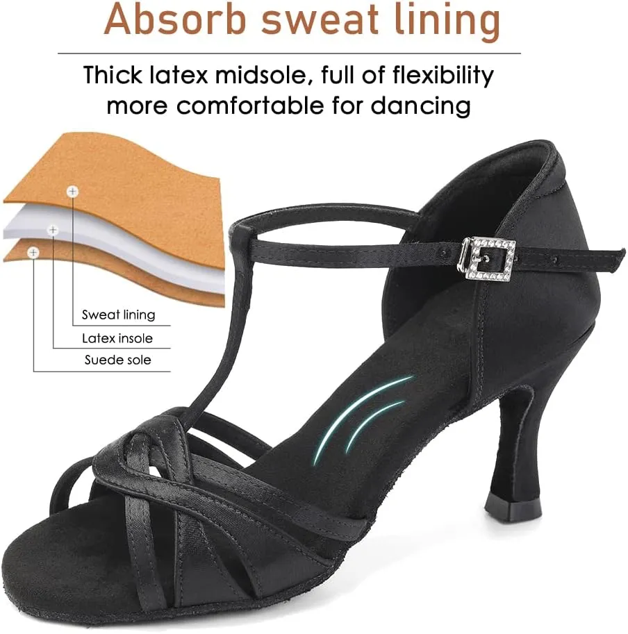 Women's T Strap Latin Dance Shoes Silk Satin Ballroom Salsa Dance Heels
