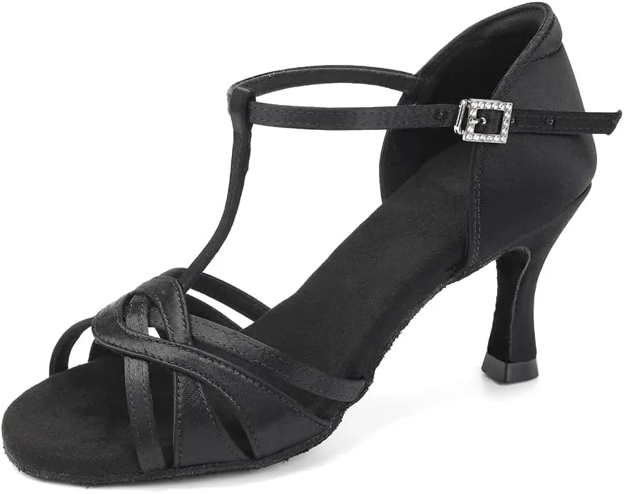 Women's T Strap Latin Dance Shoes Silk Satin Ballroom Salsa Dance Heels